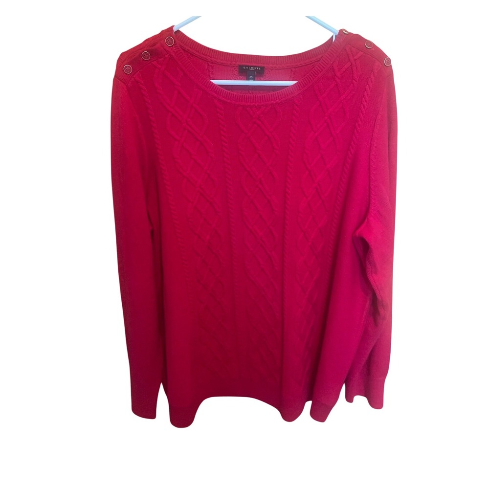 Talbots Woman Red Cable‎ Knit Sweater Lambswool Blend Shoulder Button Detail 2X